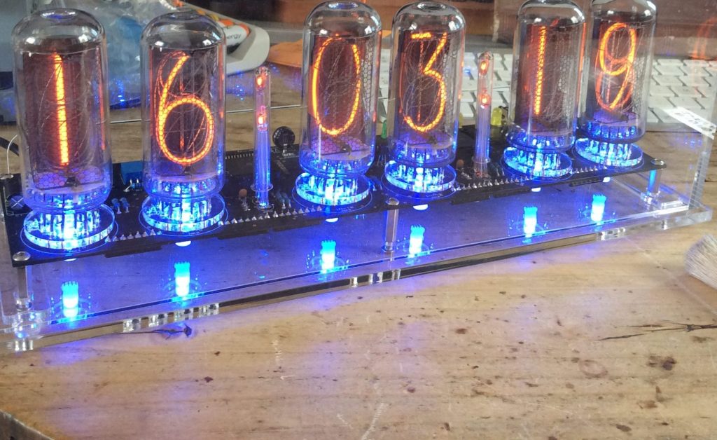 Nixie Boulevard clock with glowing IN-18 nixie tubes and blue RGB backlight